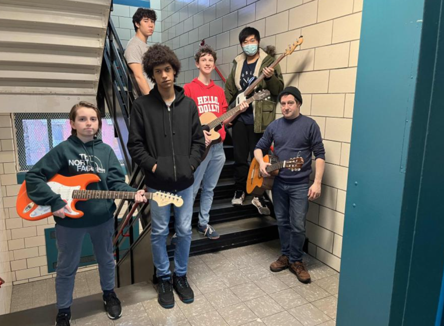 NYC Museum School’s Guitar Club (l. to r.): Freshman Patrick Singleton-Green, juniors AJ Chen and Gavin Swaby, sophomore Max Selcow, senior Jason Ouyang, and Sean Satin of the Greenwich House Music School.
