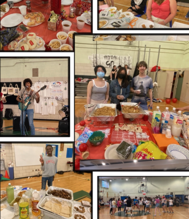 Cultural Night in the Gym. Featuring (from top, l.-r.): Food at the Chinese table, Zara Leung and Ella Veith hosting the Greek table, a guitar performance by Gavin Swaby, Alison Chen, Nicole Chan, and Zachary Semple at the Japanese table, Nathaniel Botu at the West African table, and a dance performance by representatives of the Dominican Republic
