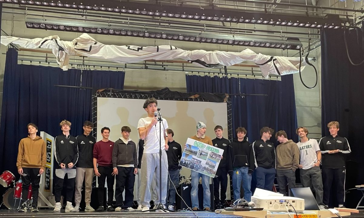 Museum players on the LMU Boys Soccer Team speaking at the first-ever Museum Pep Rally. Senior Elyes Bouchik speaking. 