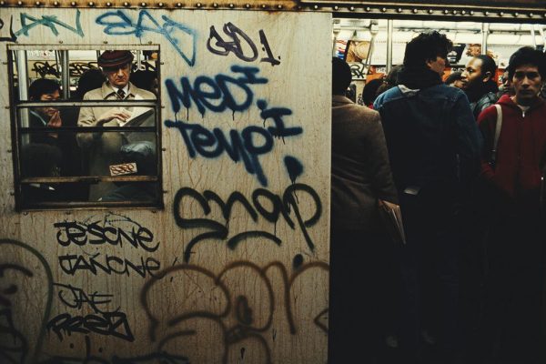 Commuters packed in a New York City subway car (1980)
