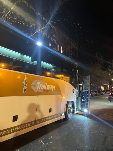 The charter bus transporting Museum seniors to and from Woodloch Pines Resort arriving back at school shortly after 11:00 PM on the first night of the trip.