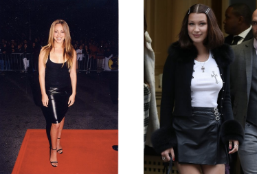 Mariah Carey, a 2000s celebrity and Bella Hadid, a 2020s model, displaying similar style elements in their outfits, taken around 15 years apart.