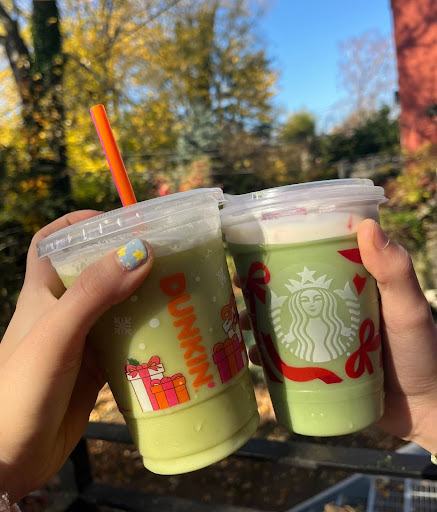 Starbucks Peppermint Matcha Latte Paired with Dunkin’ Frozen Matcha Latte

