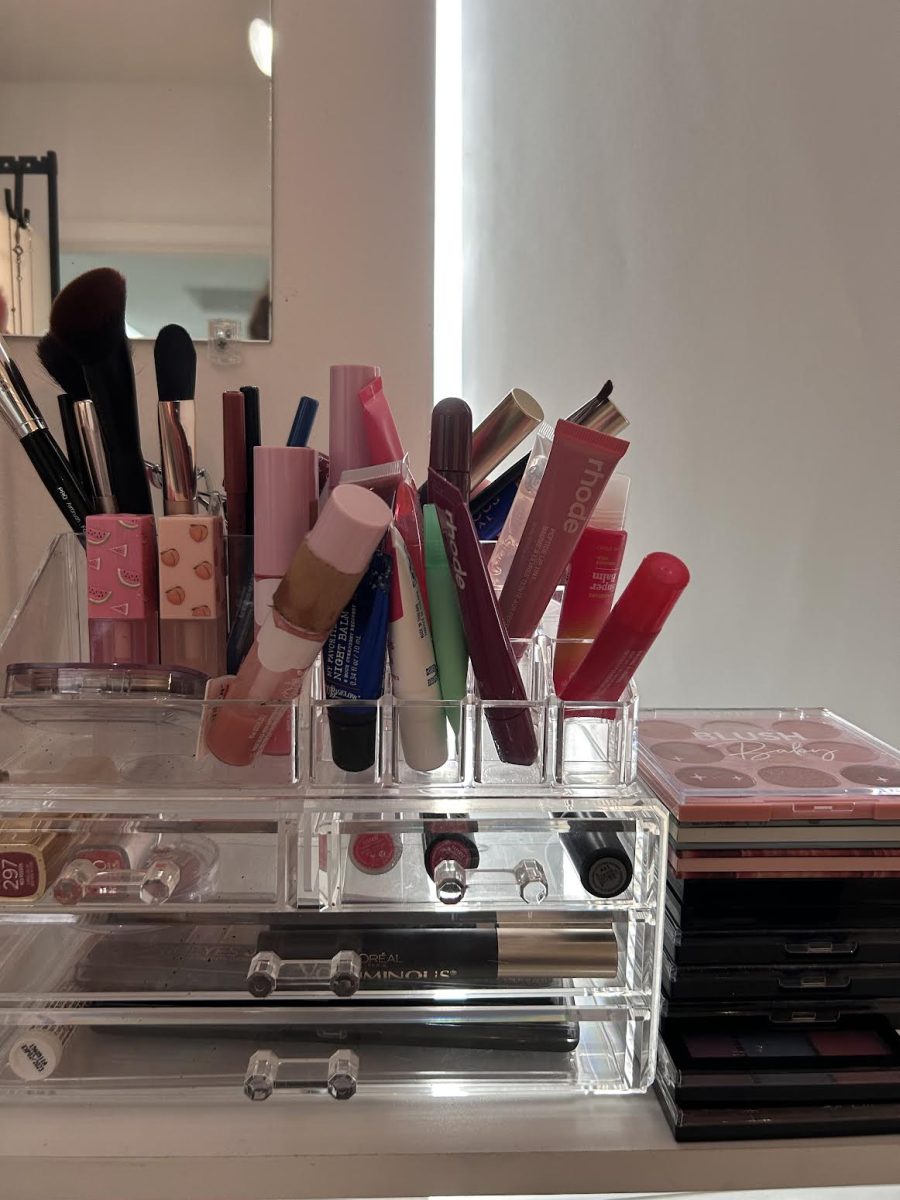 Collection of rarely used makeup products, a prime example of overconsumption