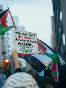 Protester holding sign at land sale protest.